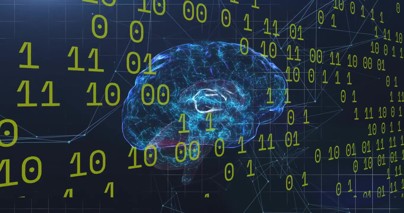 Binary columns appearing, 3D brain rotating, pulsing, wireframe mesh shifting, showing data flow