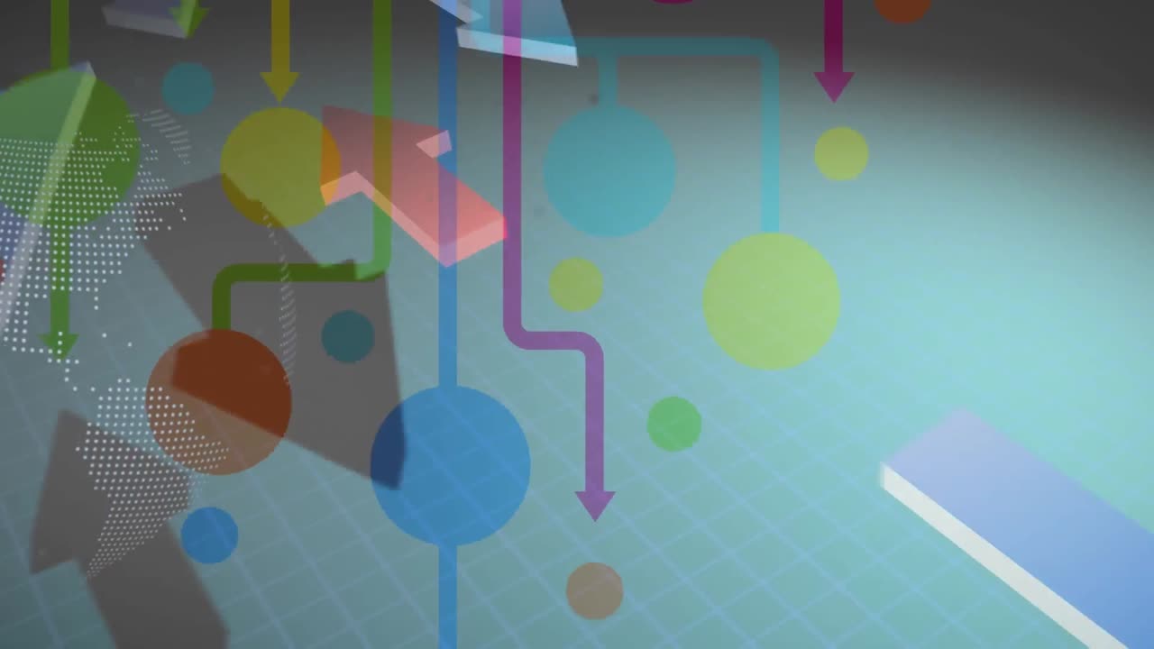 animación de un globo girando sobre formas coloridas sobre un fondo blanco