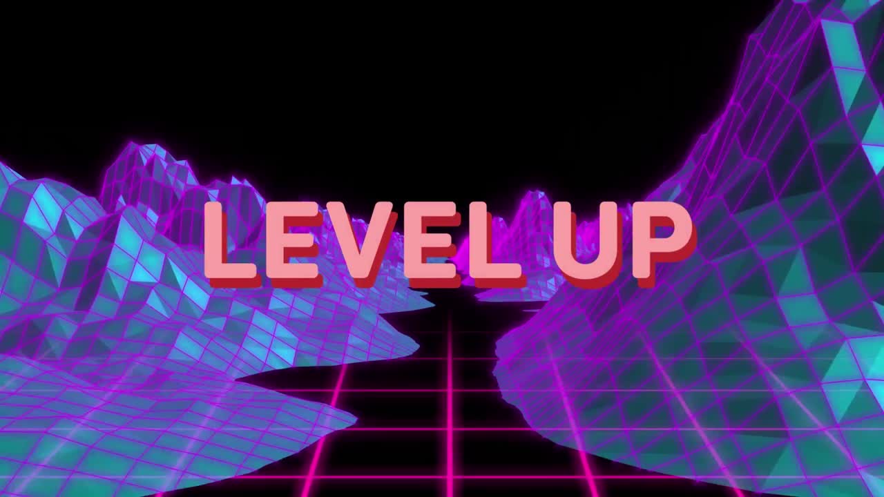 메타버스 구조에 대한 레벨 업 텍스트와 추상적인 모양의 애니메이션