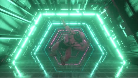 astronaut in a neon glowing futuristic space tunnel