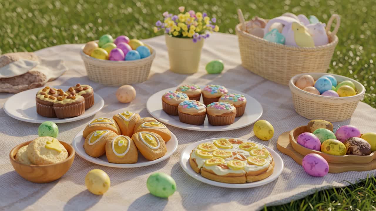 A Lush Outdoor Dessert Display Featuring Festive Treats and Colorful Eggs Perfect for a Celebratory Picnic or Spring Gathering
