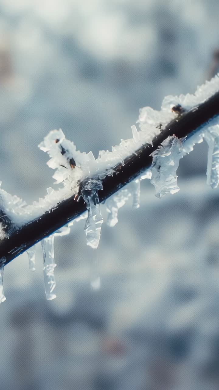 Vertical video: Melting frost crystals on twig causing dripping droplets in forest with rising heat
