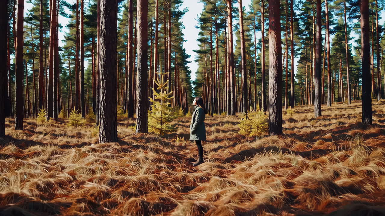Woman enjoys the peaceful atmosphere of a sun-drenched pine forest