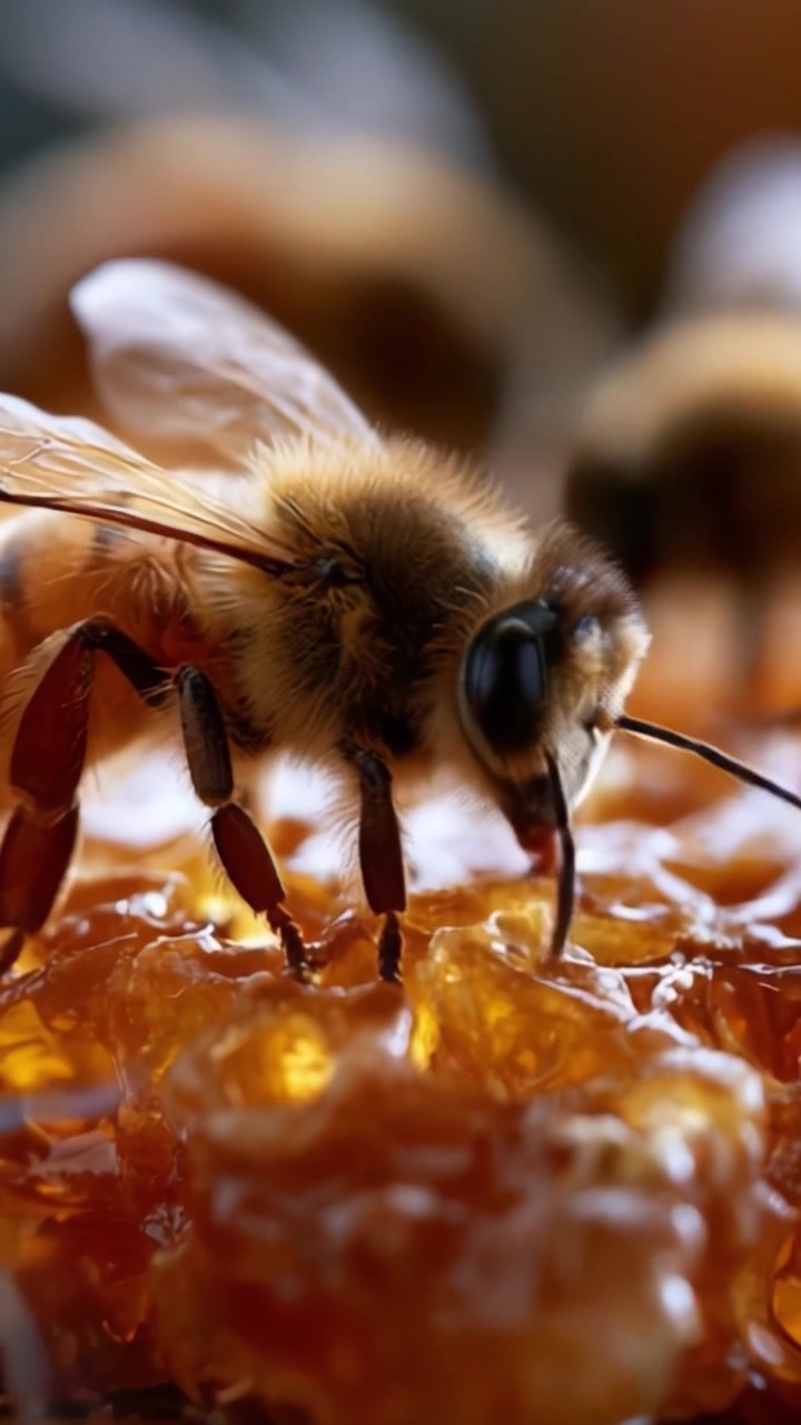 Un primo piano di api mellifere con favo dorato, che mostra il loro intricato lavoro e il ruolo vitale nell'ecosistema naturale.