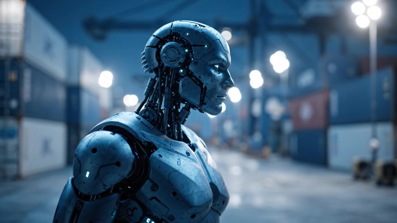 Fütüristik Bir Robot, Kargo Konteynerleriyle Dolu Yüksek Teknolojili Bir Nakliye Alanında Kendinden Emin Bir Şekilde Duruyor, Gelişmiş Robotik ve Siber Teknolojiyi Sergiliyor