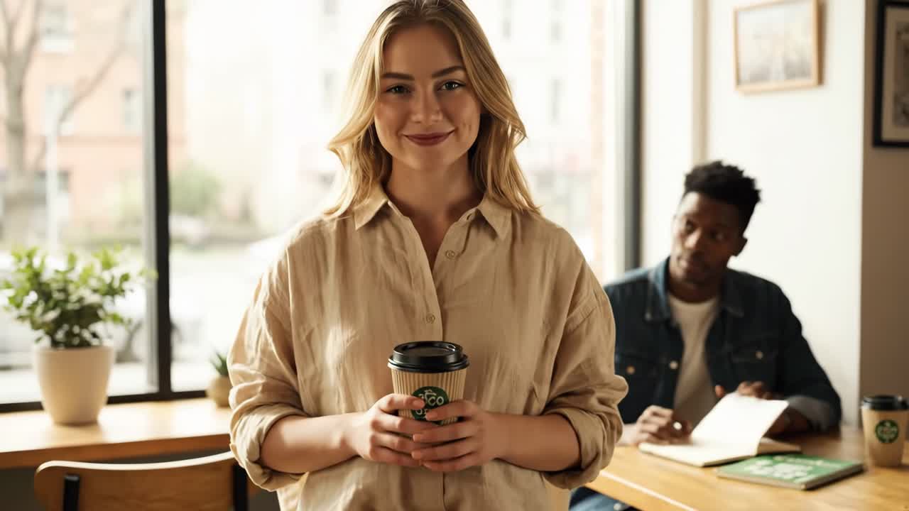 Woman holding coffee in a cafe