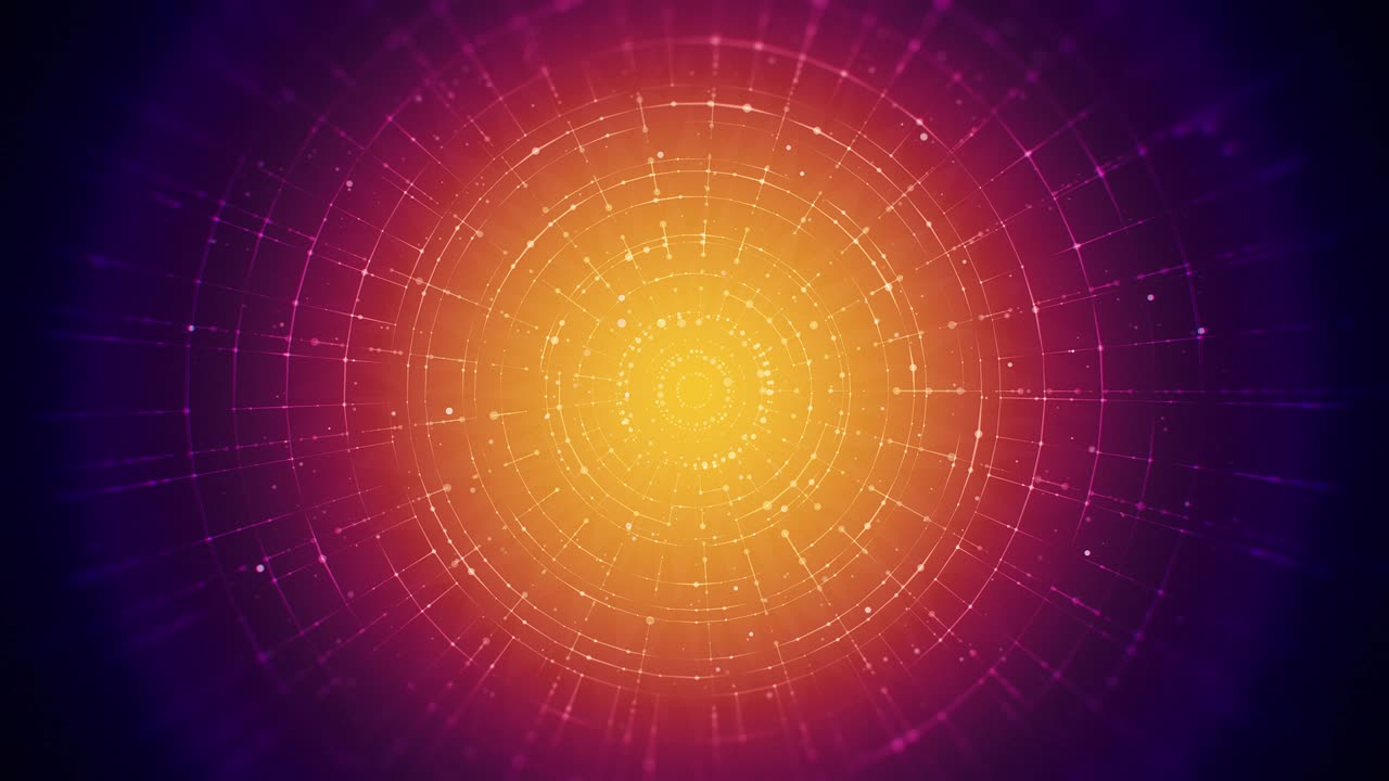 líneas circulares giratorias futuristas en fondo púrpura y naranja