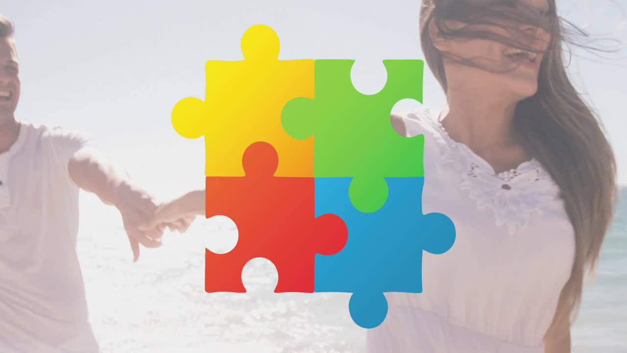 Colorful puzzle pieces animation over couple enjoying time at beach