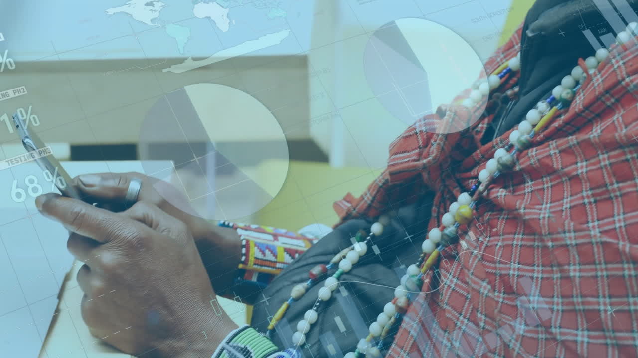 스마트폰을 사용하는 아프리카계 미국인 남성의 디지털 데이터 처리의 애니메이션