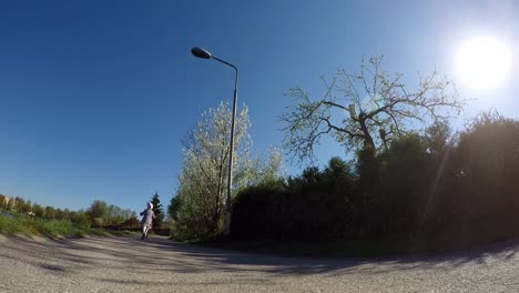 niña pequeña montando con su scooter en una ruta ciclista lejos de la cámara