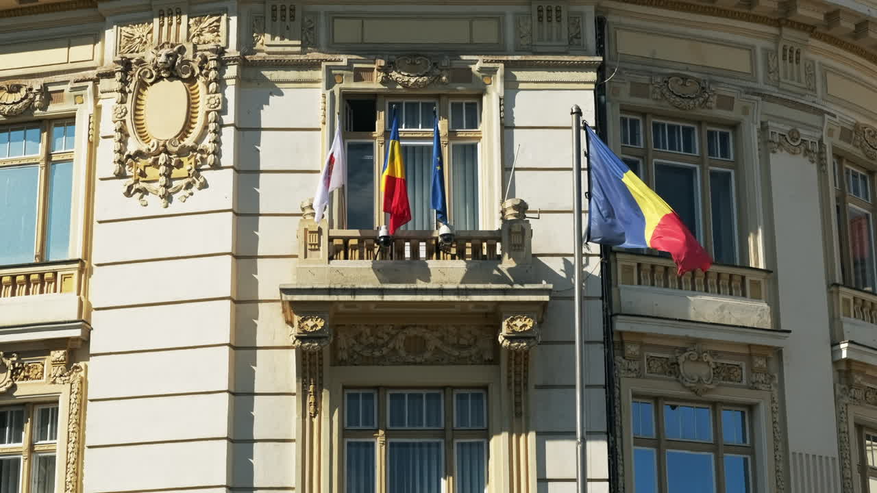 Facade of an old building with national and other flags in a town, Romania