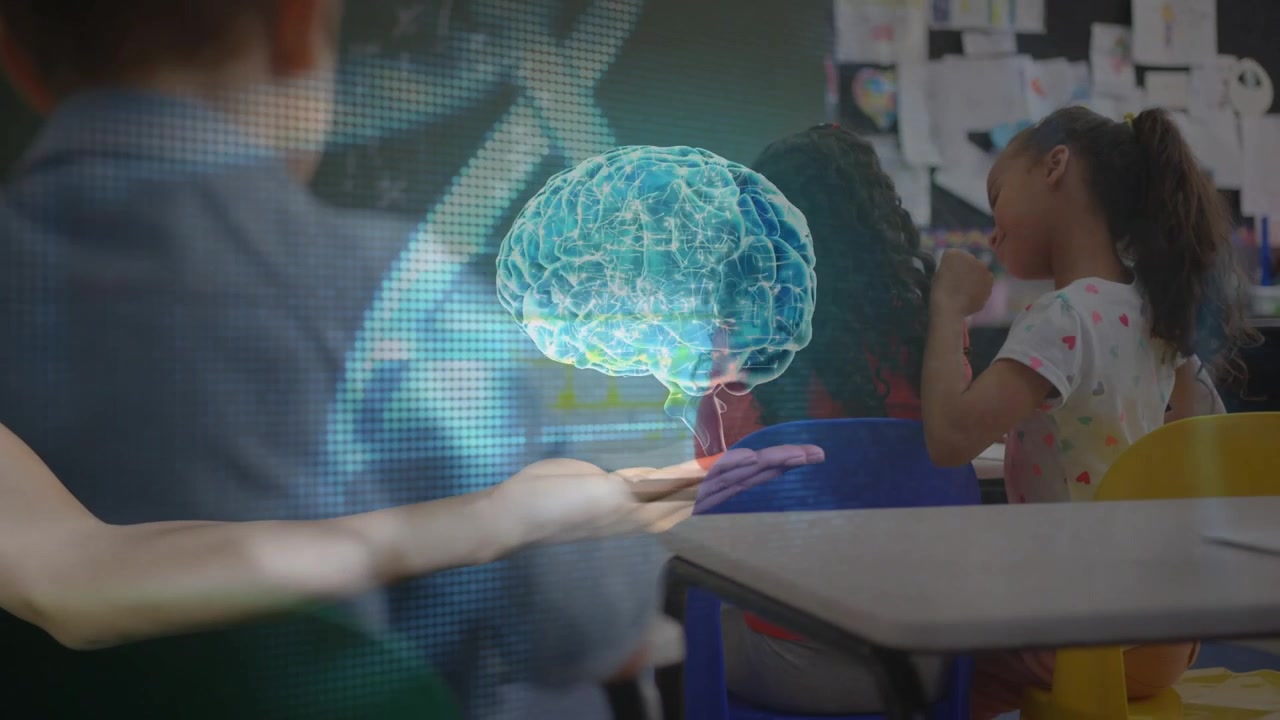 Girls whispering while boy raising hand projecting DNA helix and 3D brain over palm for education