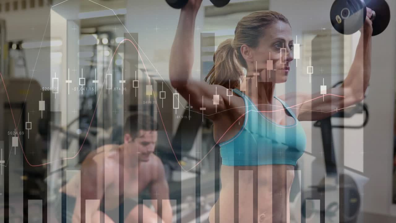 Woman training on green mat lunging while man picking bar and squatting, finance charts overlaying