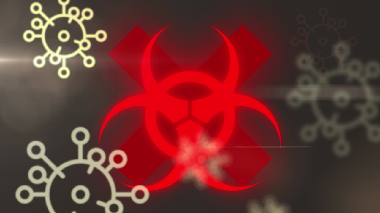 검은색 배경의 경고 표지판 위에 떨어지는 여러 코로나19 세포의 애니메이션