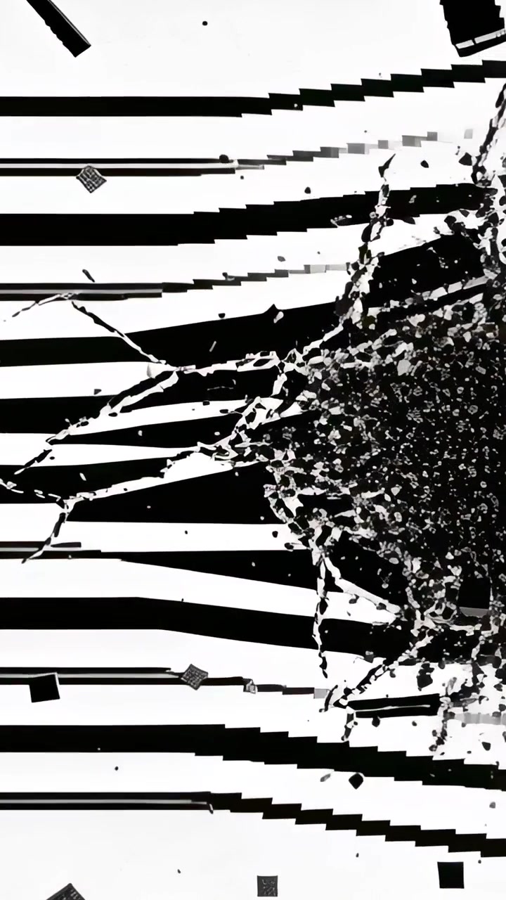 Video verticale: Piano a strisce che impatta in un campo astratto, con un buco centrale che si forma ed espelle schegge.