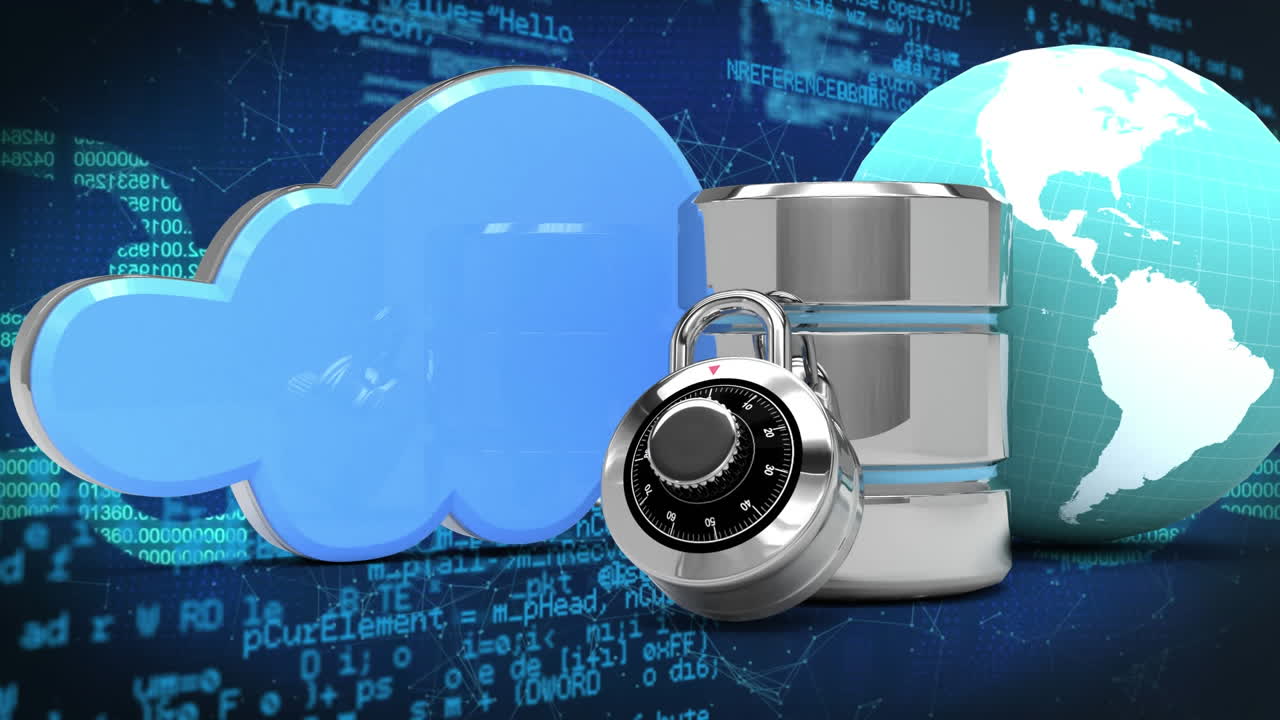 Animation of padlock, blue digital cloud, globe and silver server over data processing
