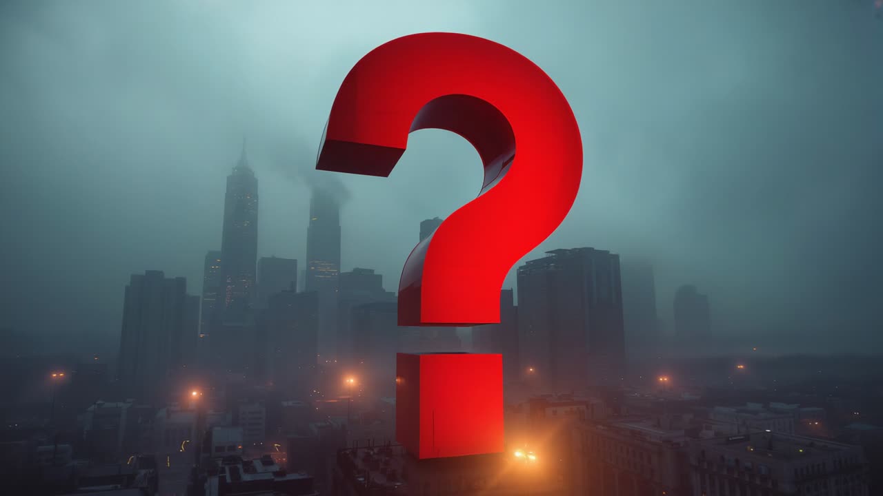 Opening scene with 3D red question mark rotating above foggy city skyline, reflecting city lights