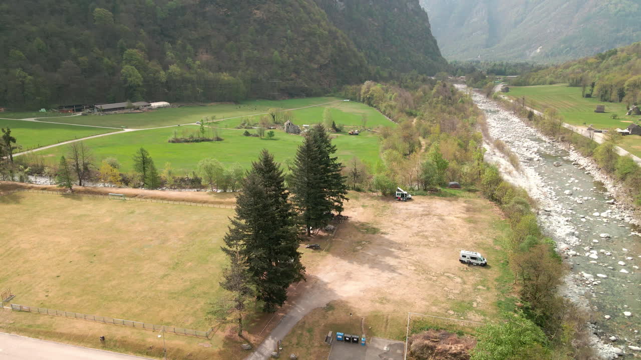 Unpaved Campground In The Valleys Of Canton Of Ticino With Maggia River In Switzerland