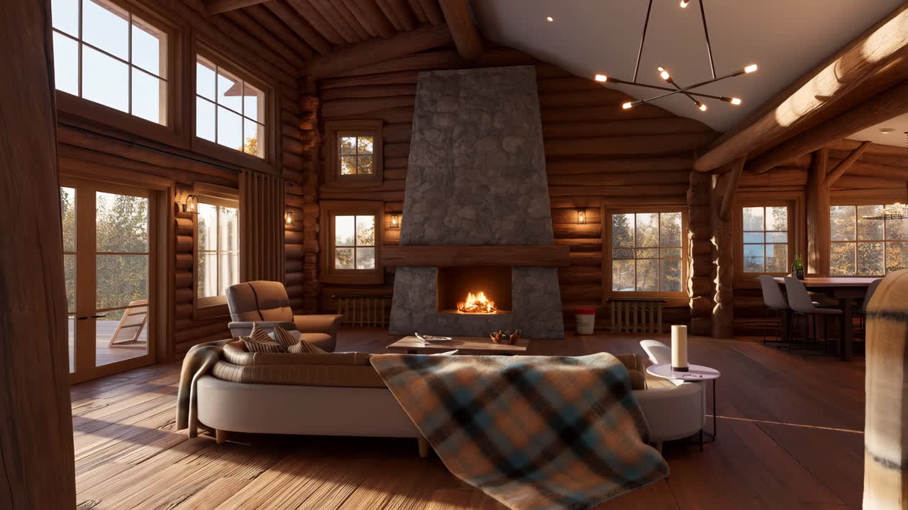 Cozy Log Cabin Living Room with Stone Fireplace