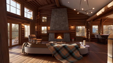 cozy log cabin living room with stone fireplace