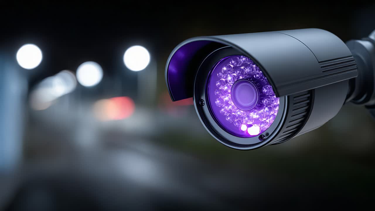 High-tech Surveillance Camera Featuring LED Lights in a Nighttime Environment, Designed for Enhanced Security and Monitoring with a Focus on Clear Image Capture and Detection