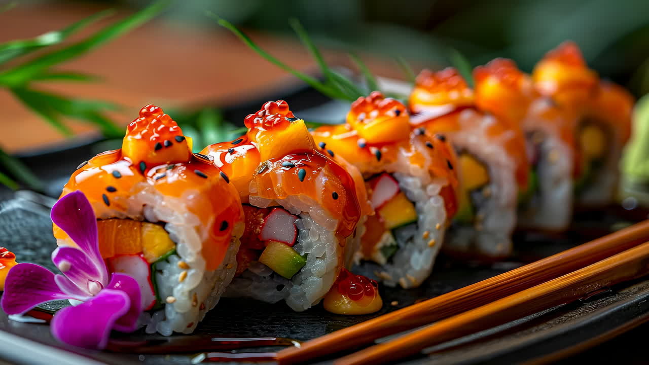 Delicious sushi rolls served on a plate. Colorful sushi rolls are artfully arranged on a dark plate, making for an appetizing display