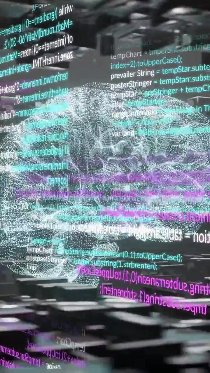 Animation of human brain and ai data processing over black background
