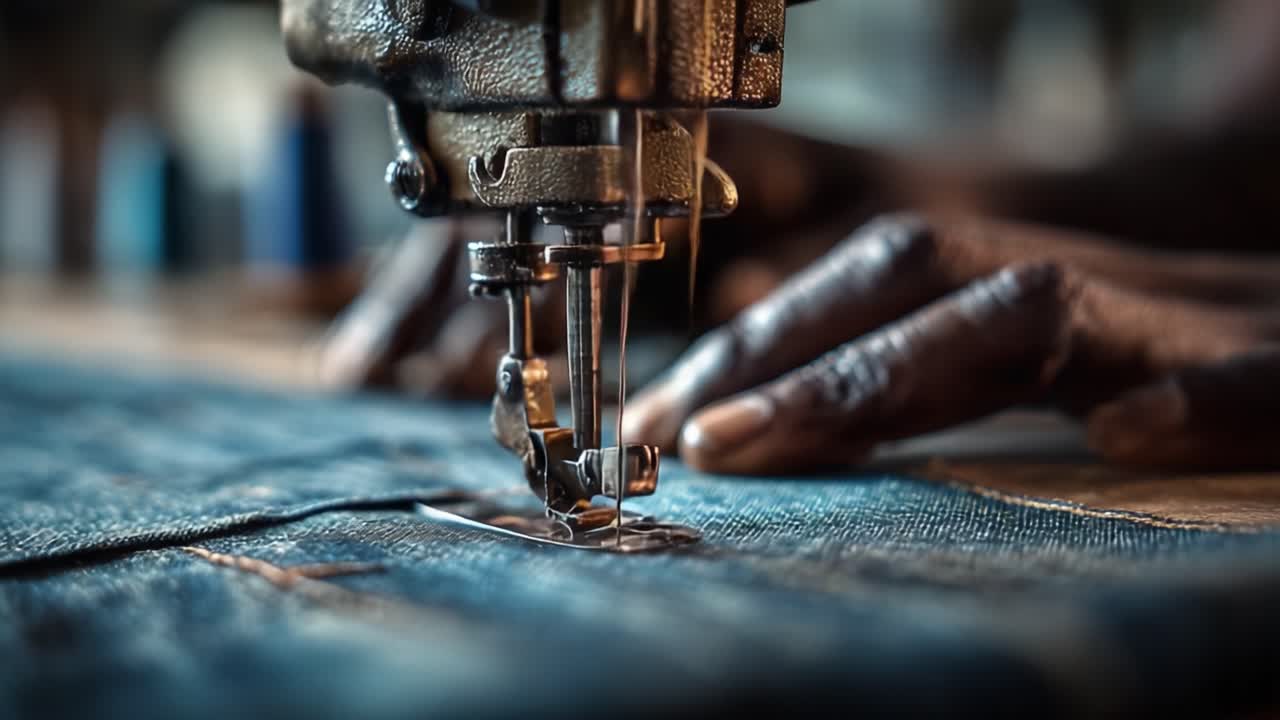 Precision Craftsmanship: A Close-Up of a Skilled Seamstress Using a Vintage Sewing Machine to Stitch Denim Fabric with Impeccable Technique and Attention to Detail