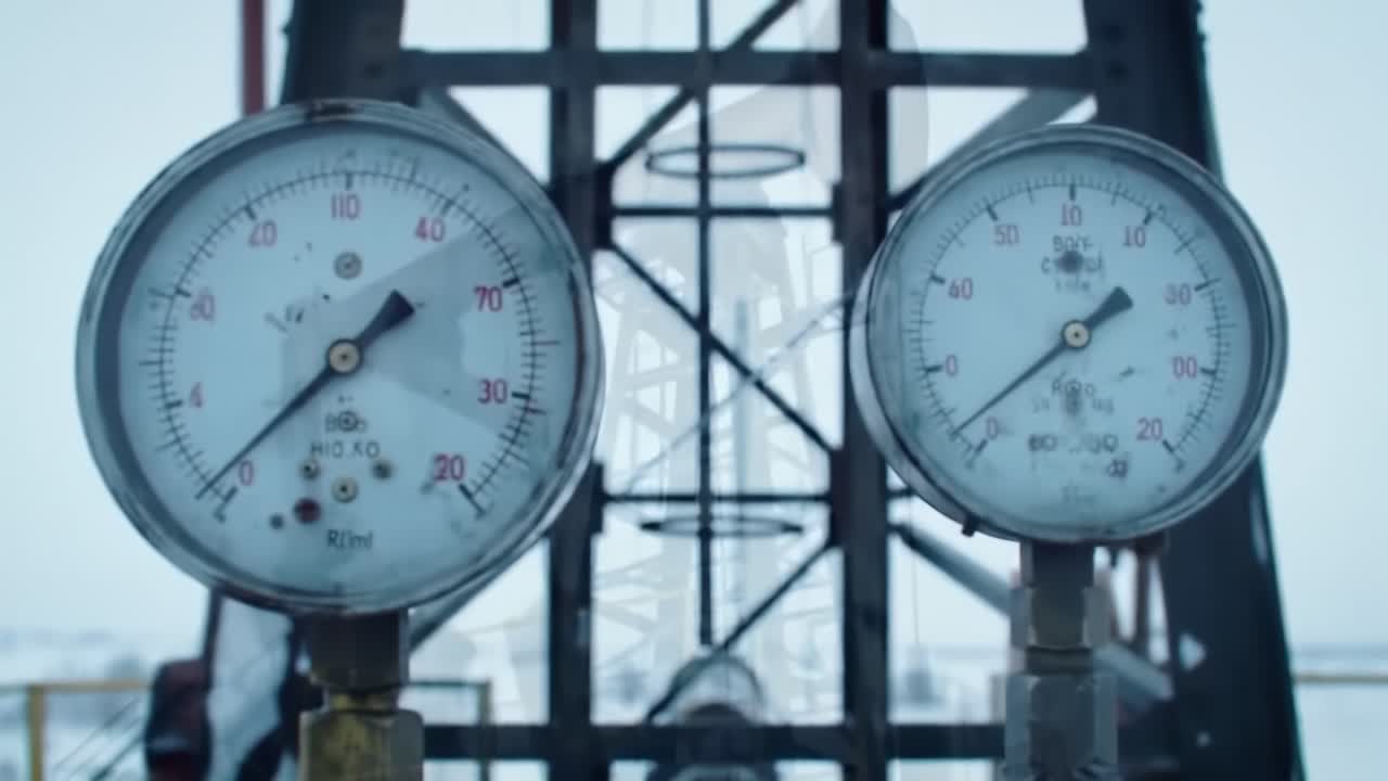 Exploring the Mechanisms of Oil Extraction: A Detailed Look at Pumpjacks and Pressure Gauges in a Cold Environment