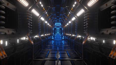 volando en un túnel de una nave espacial, un corredor de transbordador de ciencia ficción. tecnología abstracta futurista. tecnología y concepto futuro. luz intermitente. animación 3d de bucle sin costuras.