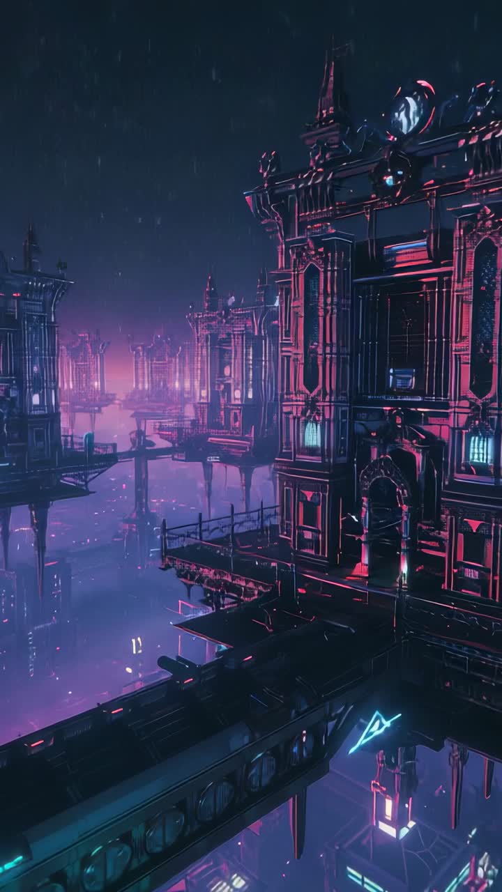 Vertical video: Glowing metal facade and walkway pulsing neon above city rain streaks, copy space