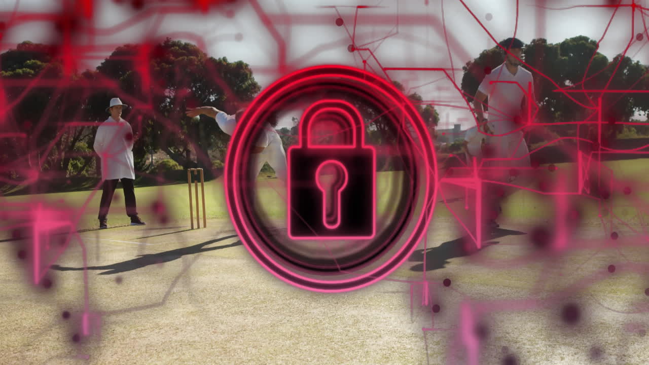 Cricket players on field with digital lock and network animation overlay
