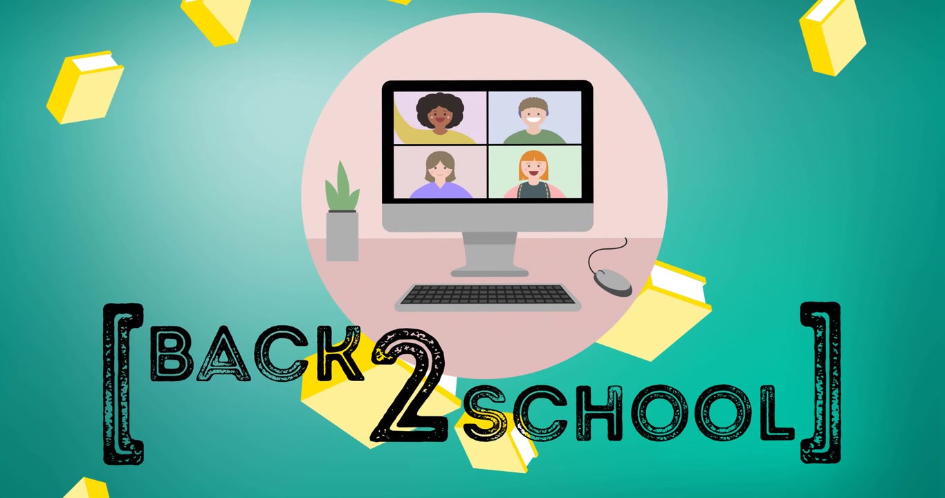 Animation of text back 2 school over falling books and computer video call in pink circle, on blue