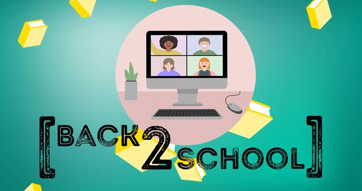 Animation of text back 2 school over falling books and computer video call in pink circle, on blue