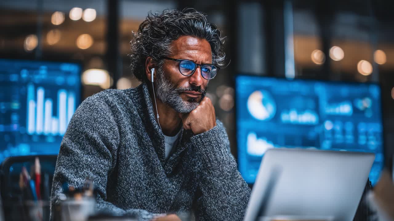 Focused Professional Analyzing Data in a Modern Workspace: Engaged in Critical Thinking and Problem-Solving Using Advanced Technology and Tools