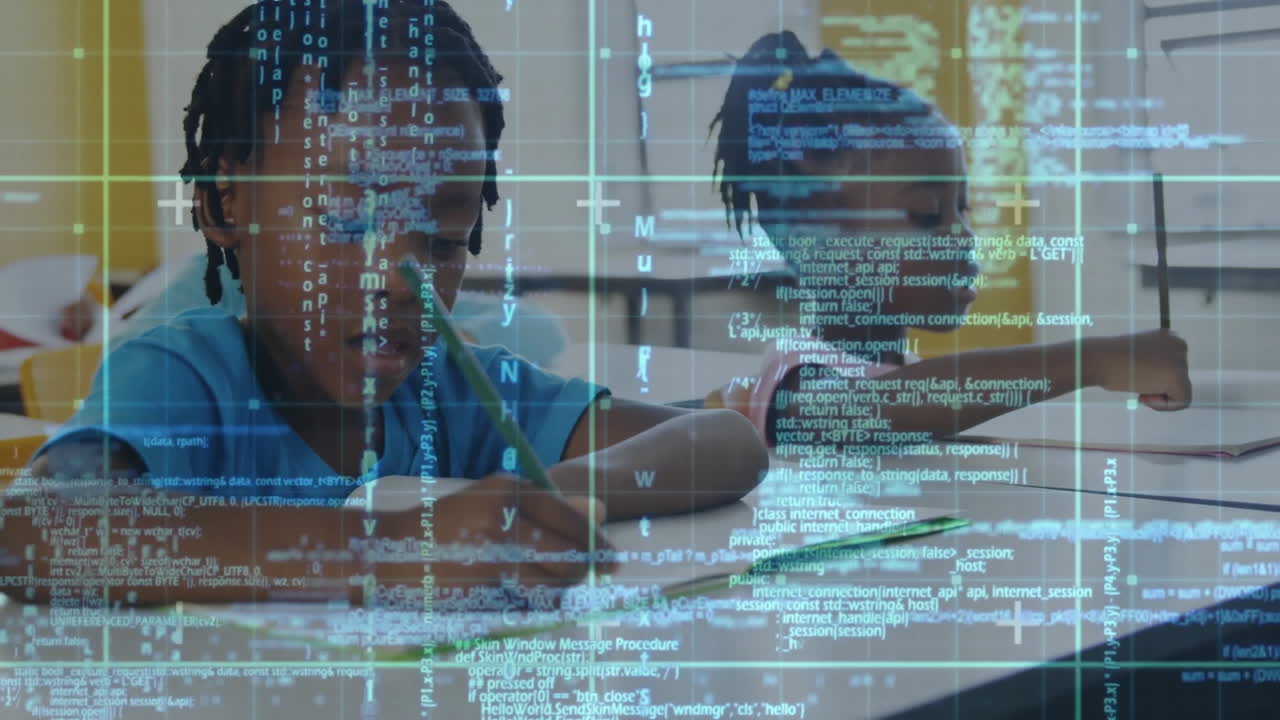 boy student and girl student writing notebooks at school desk, displaying digital code overlay