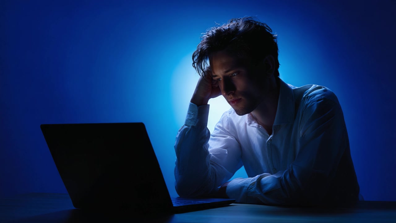 Contemplative Moment: A Young Man Deep in Thought While Gazing at His Laptop in a Dimly Lit Room Surrounded by Enigmatic Blue Hues and Shadowy Tones