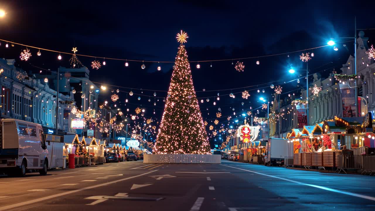 Christmas Tree on City Street at Night