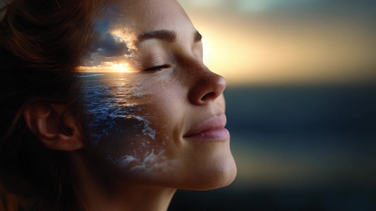 Una mujer serena con expresión tranquila, su rostro reflejando un hipnotizante paisaje marino, simbolizando paz y armonía interior en un impresionante ambiente de atardecer