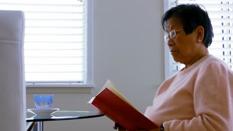 senior woman reading book in living room