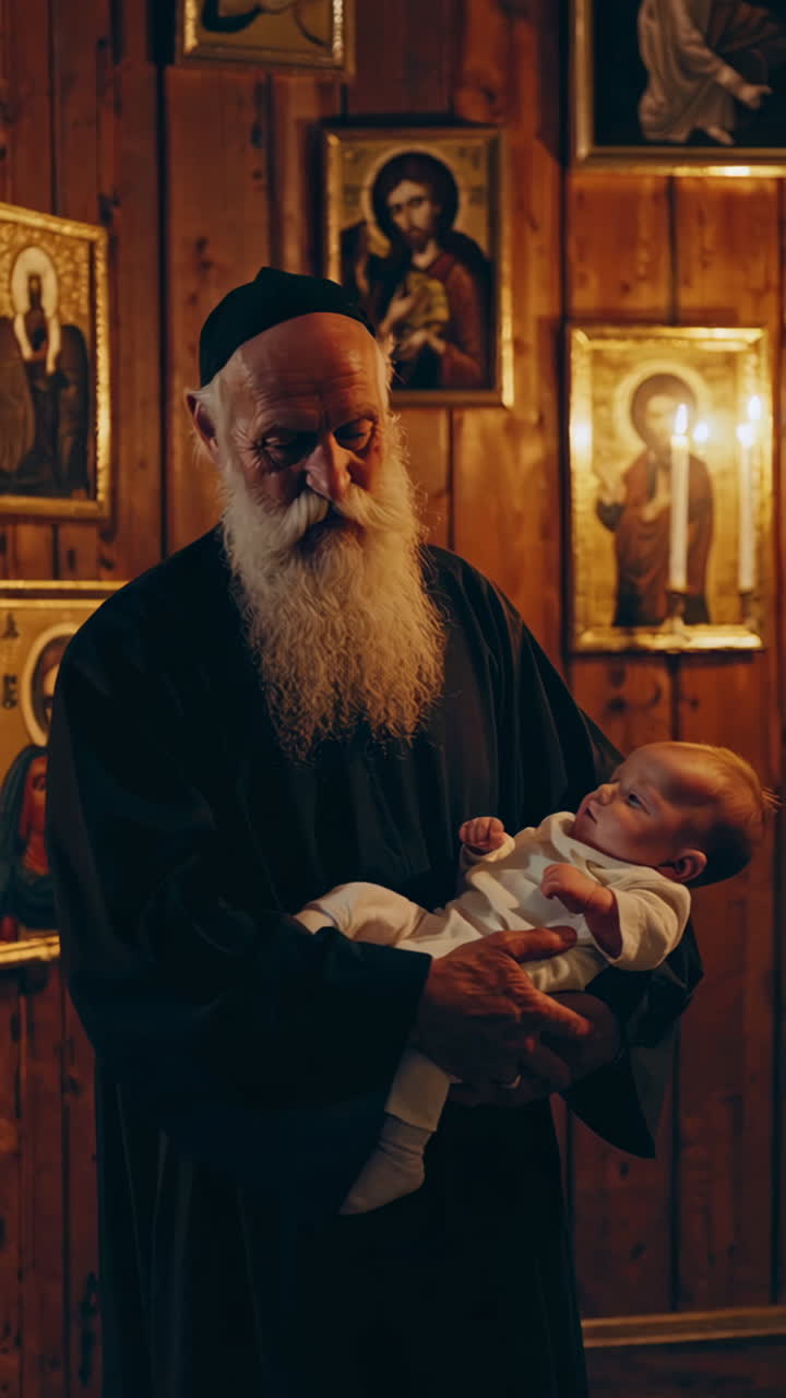 Elderly Monk Baptizing a Baby in a Church