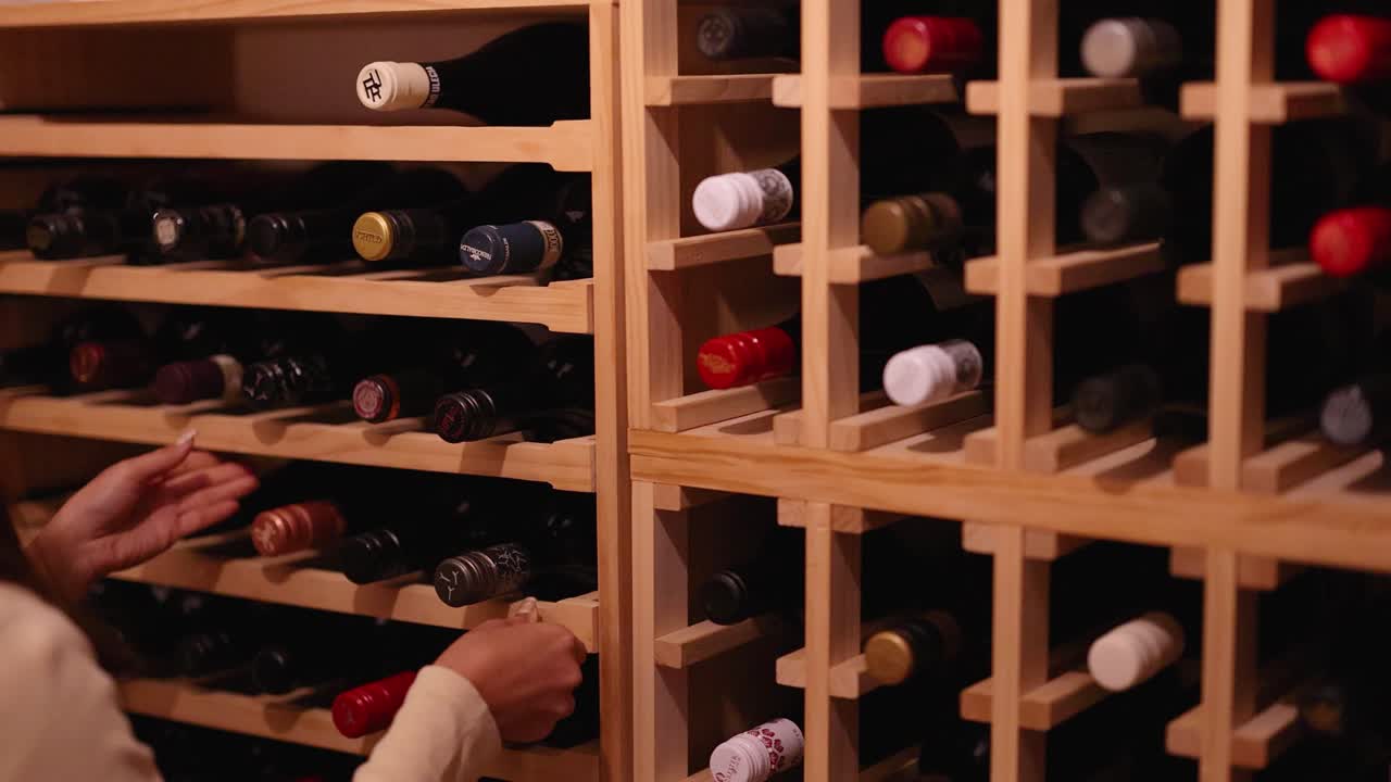 A woman browses a wine rack in a warmly lit cellar, carefully choosing a bottle