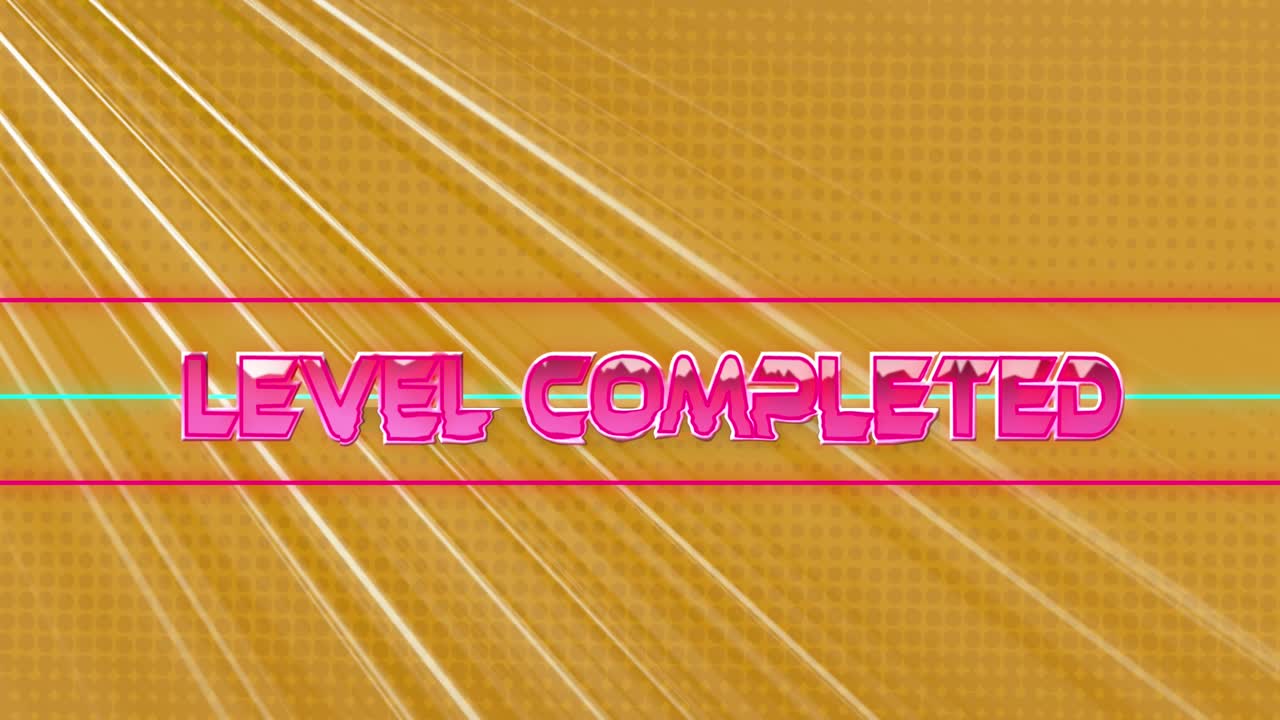 Animation of level completed text banner over light trails against yellow background