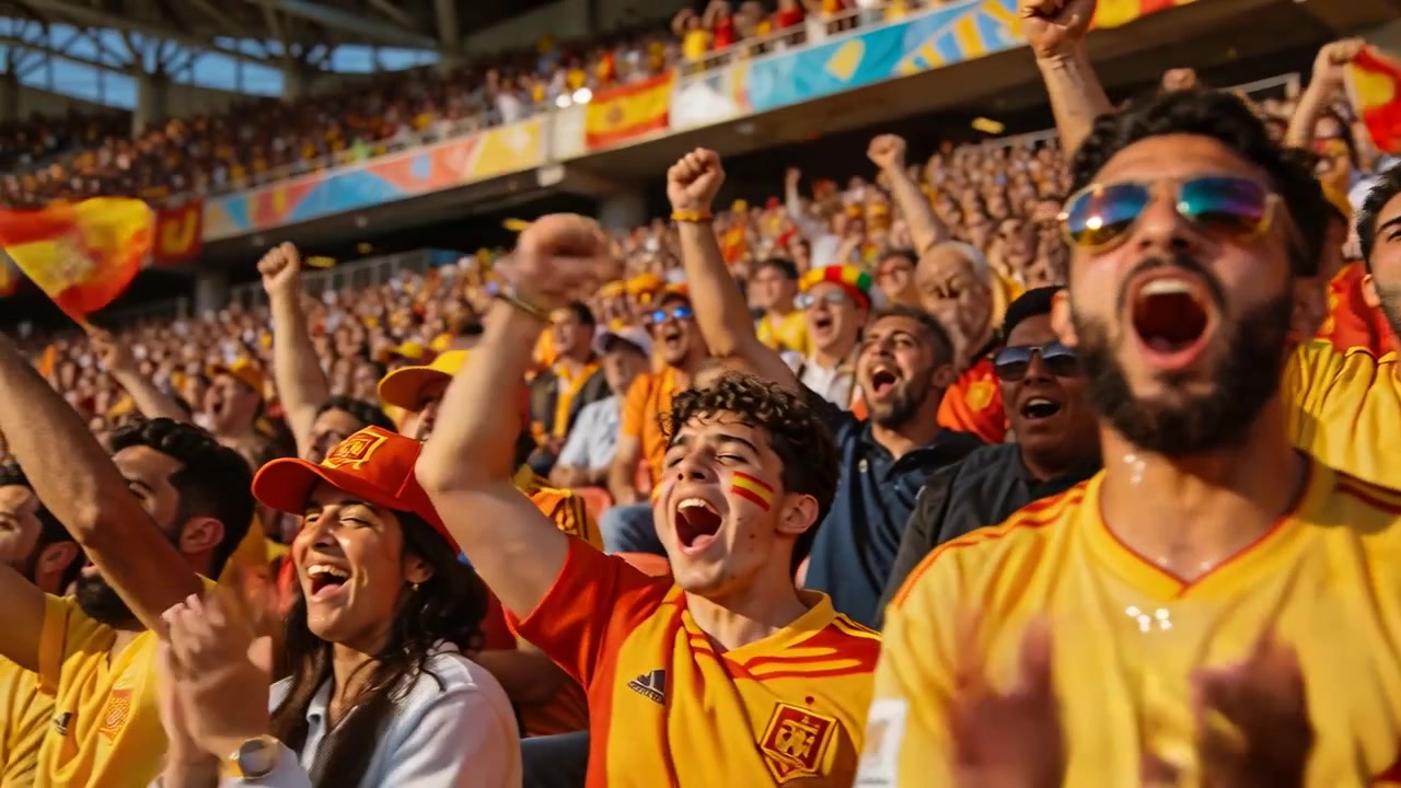 Hombre barbudo gritando, con gafas de sol y camiseta amarilla, liderando a los aficionados después de un gol en un estadio, con banderas.