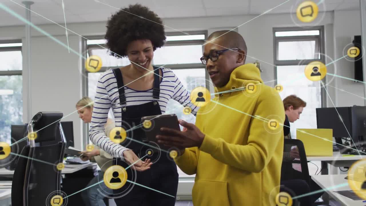 Animation of connections with icons over diverse business people in office