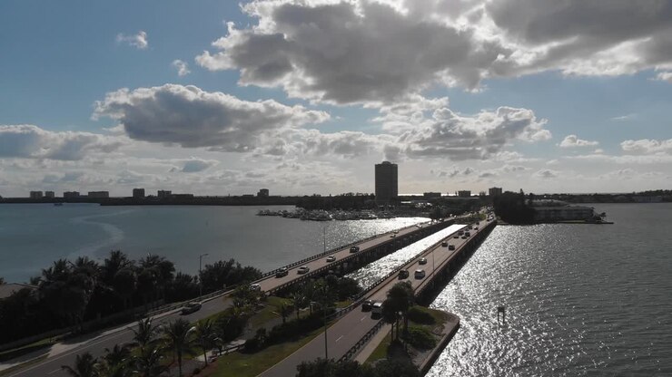 Sundown drone flight toward the yachts in Sarasota, Florida