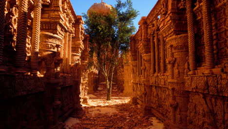 un callejón estrecho con un árbol en el medio