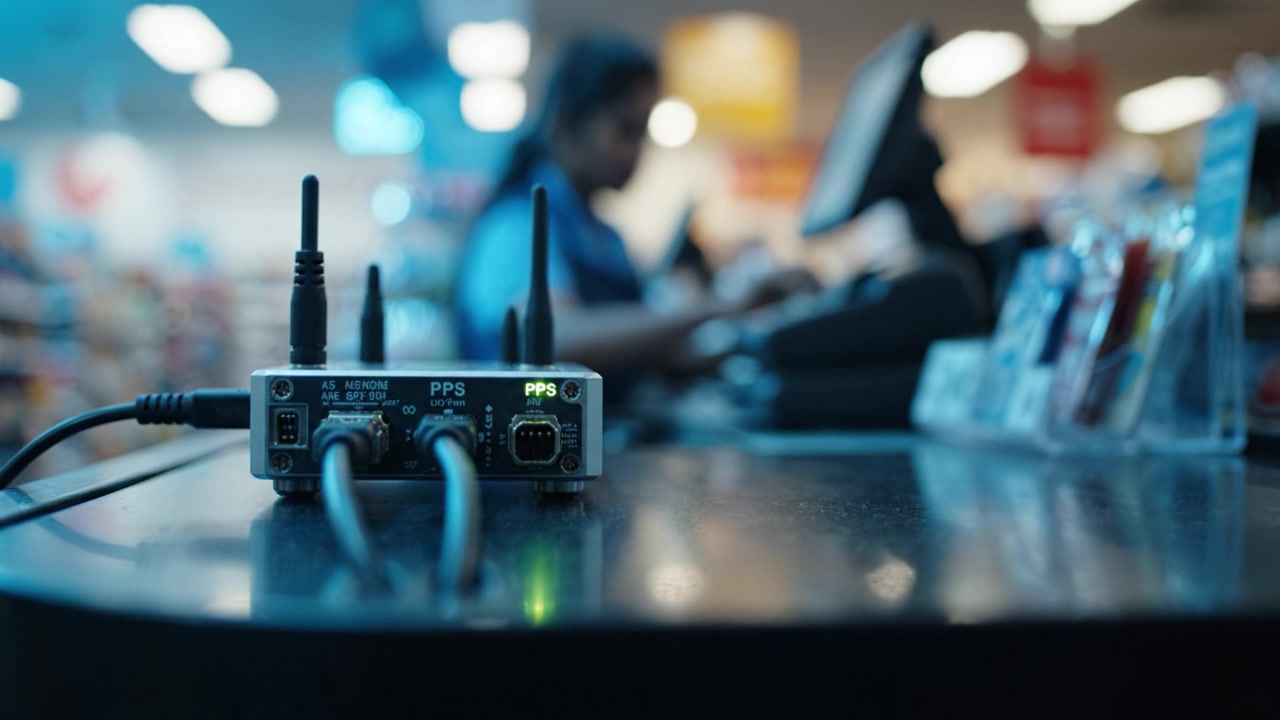 Primo piano di un dispositivo di comunicazione di rete su un bancone di vendita al dettaglio, che mostra più antenne e indicatori LED su uno sfondo sfocato dell'ambiente del negozio