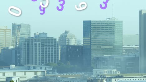 도시 풍경의 공중 전망에 맞춰 여러 번 변하는 숫자의 애니메이션