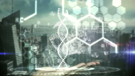 Animation-of-chemical-and-dna-structures-spinning-over-a-hand-against-aerial-view-of-cityscape